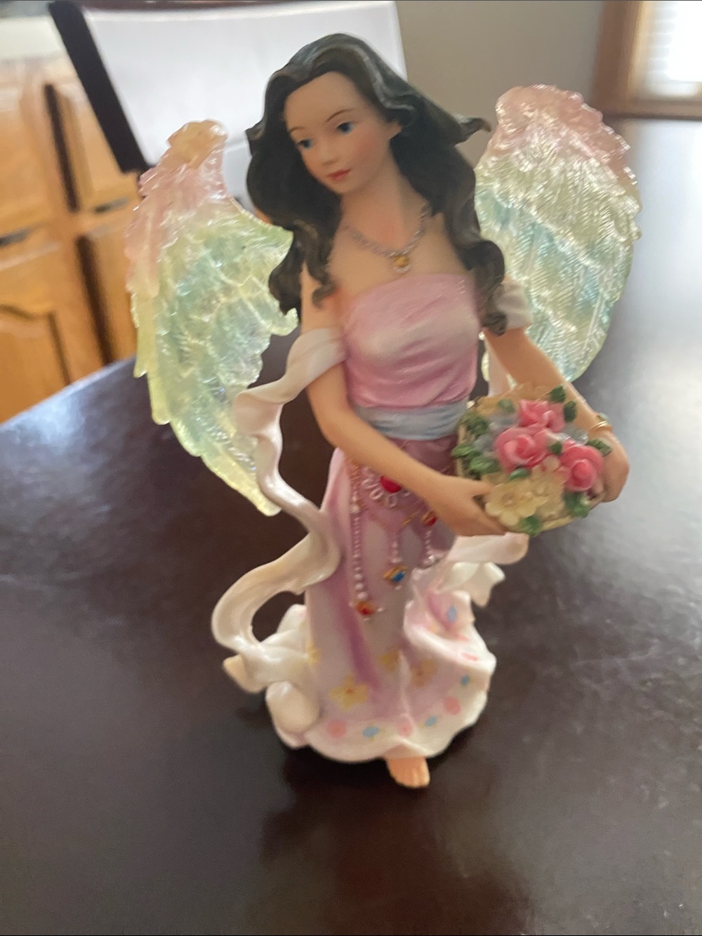 Pastel Pink Angel Figurine with Iridescent Wings